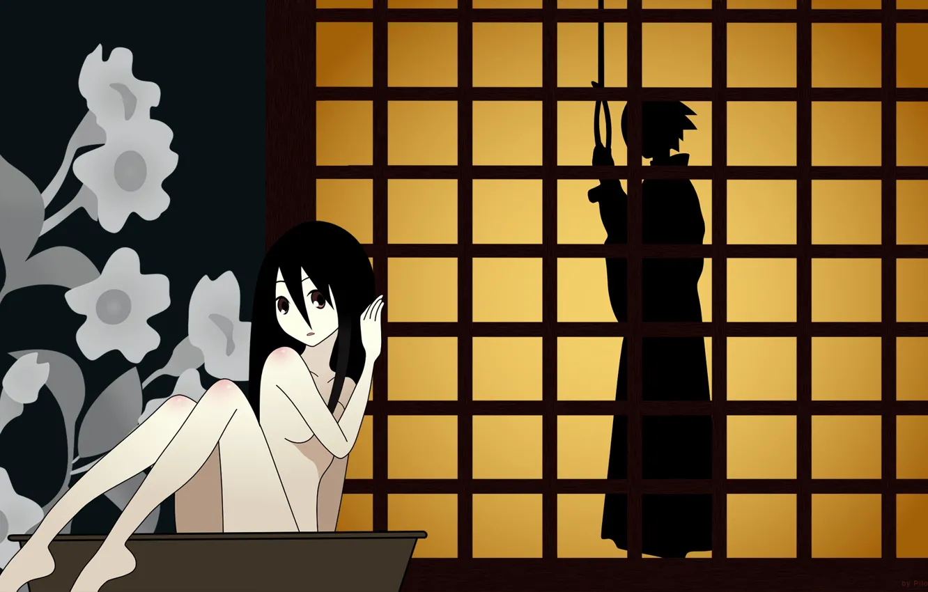 Фото обои девушка, силуэт, миска, парень, петля, Sayonara Zetsubou Sensei, Прощай безрадостный сенсей