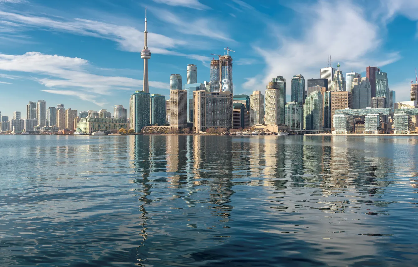 Фото обои tower, sunset, water, view, skyscraper, urban, toronto, travel