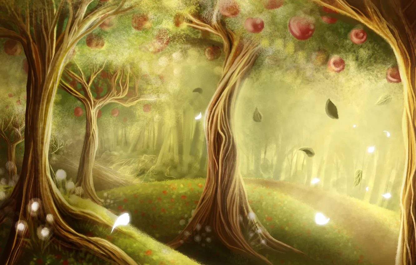 Фото обои лес, листья, деревья, яблоки, арт, дорожка, тропинка