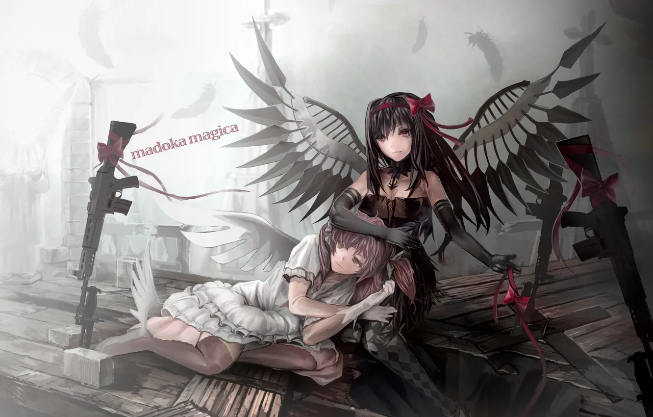 Фото обои оружие, девушки, крылья, аниме, перья, арт, бант, mahou shoujo madoka magica