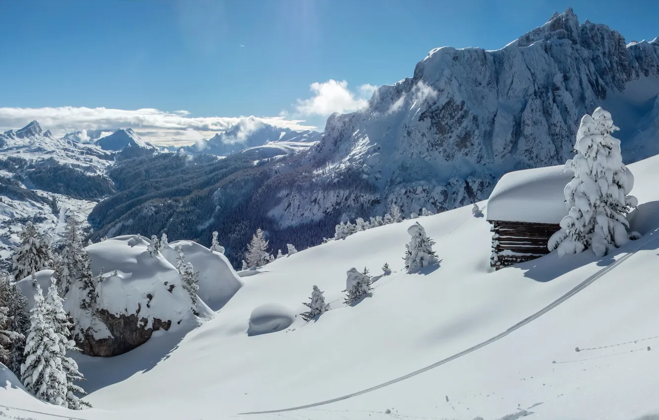 Фото обои снег, пейзаж, горы, дом