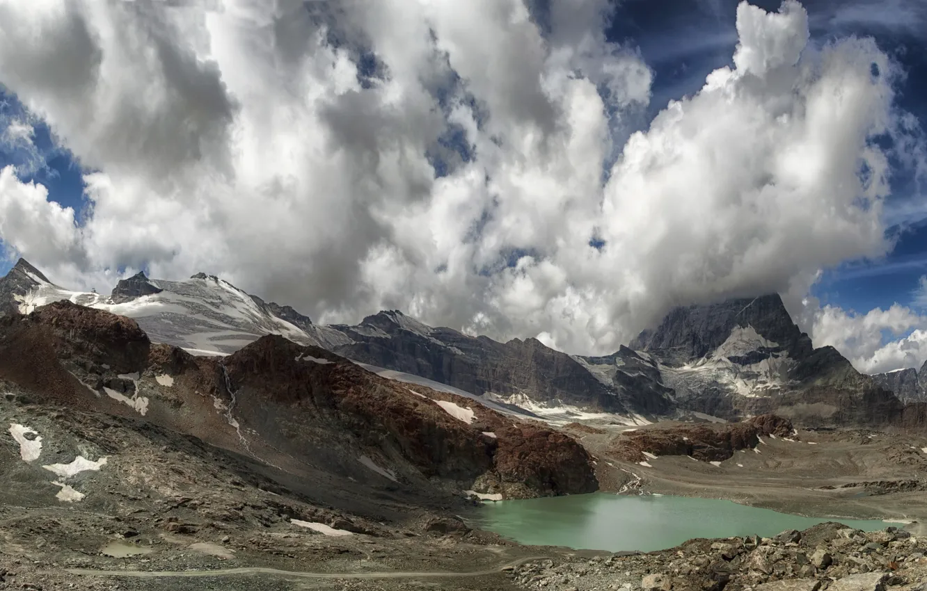 Фото обои небо, облака, горы, озеро, Швейцария, Церматт