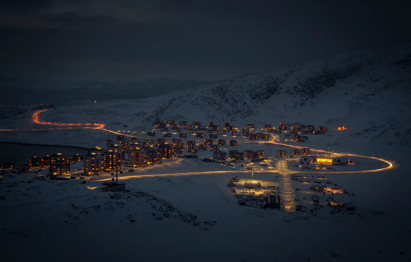 Фото обои снег, горы, дома, Гренландия, Greenland