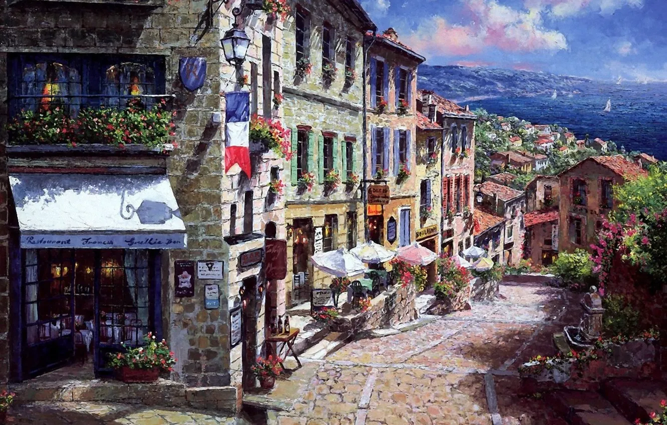 Фото обои море, цветы, улица, Франция, дома, картина, флаг, зонтики