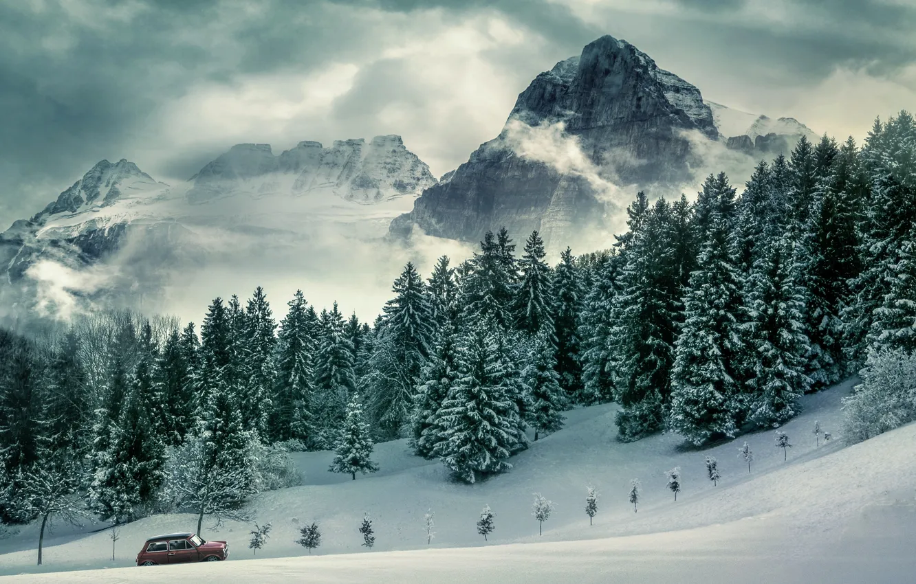 Фото обои Природа, Красота, Nature, Winter, Mountains, Forest, Peak, Pine trees
