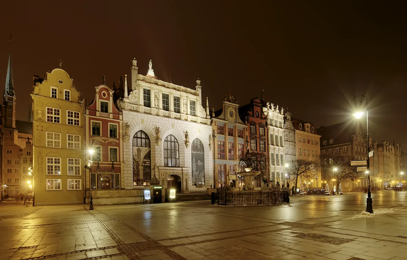 Фото обои фото, Дома, Ночь, Город, Улица, Фонари, Польша, Gdansk