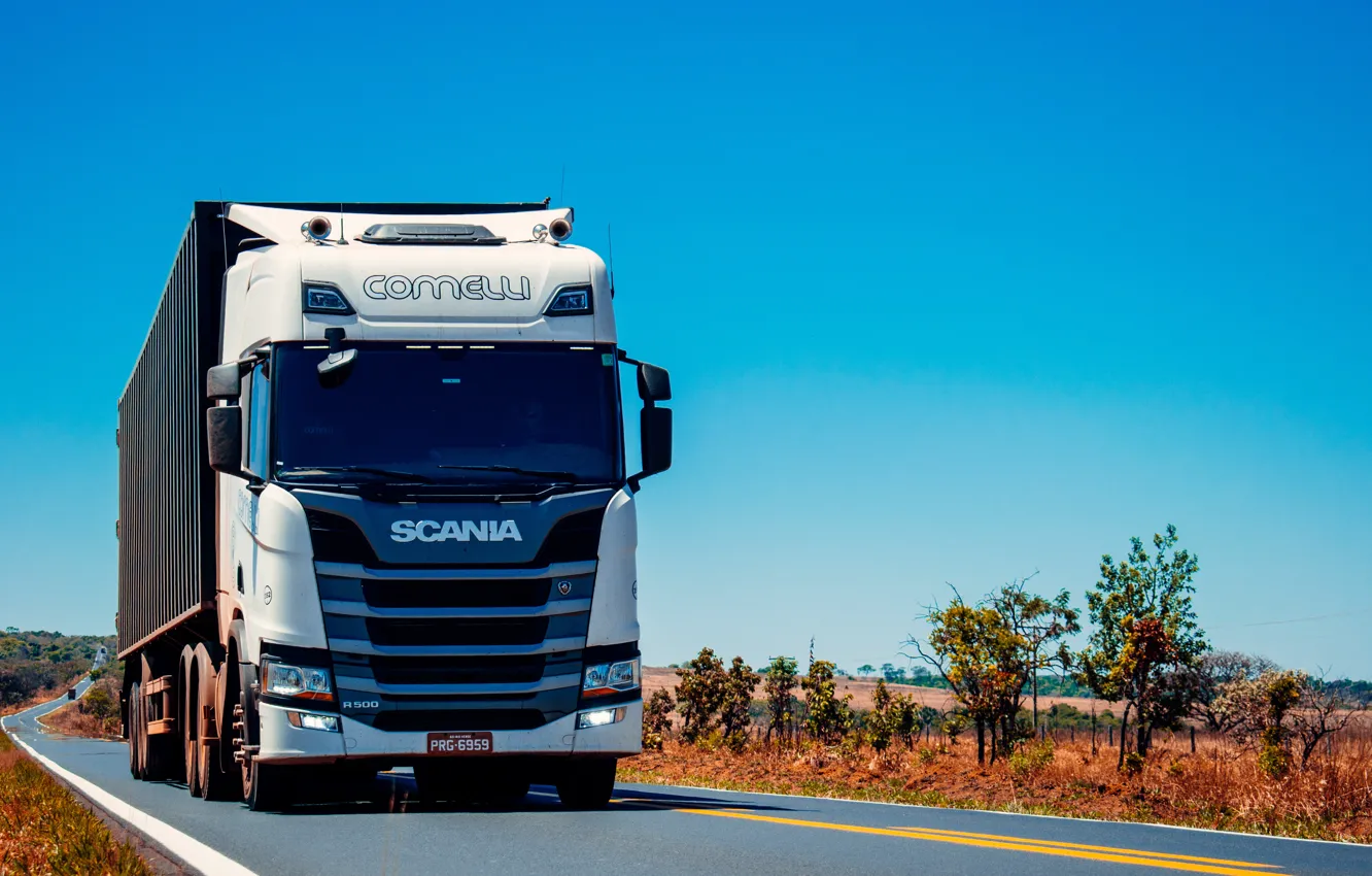 Фото обои Sky, Street, Truck, Scania, Trailer, R500, Trees, Desert