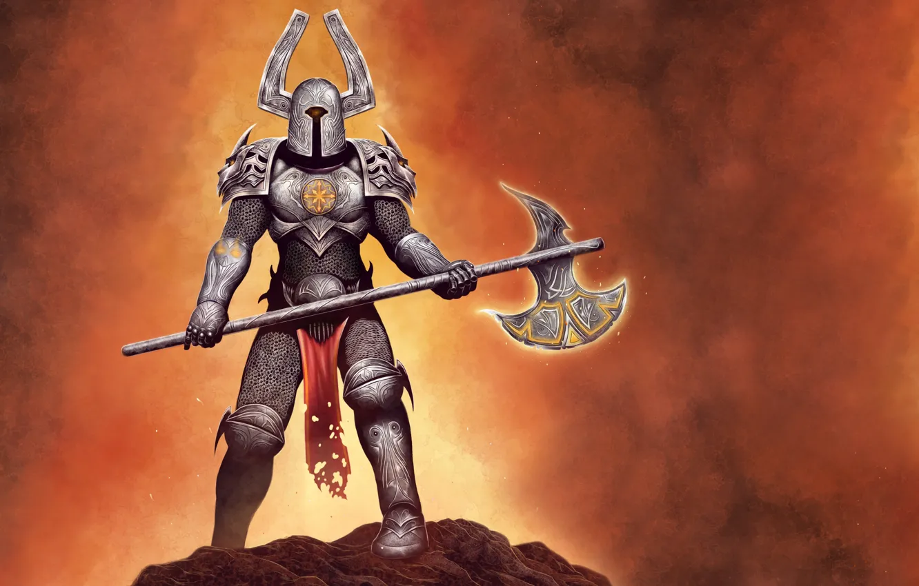 Фото обои оружие, доспехи, воин, рога, шлем, рыцарь, metal king