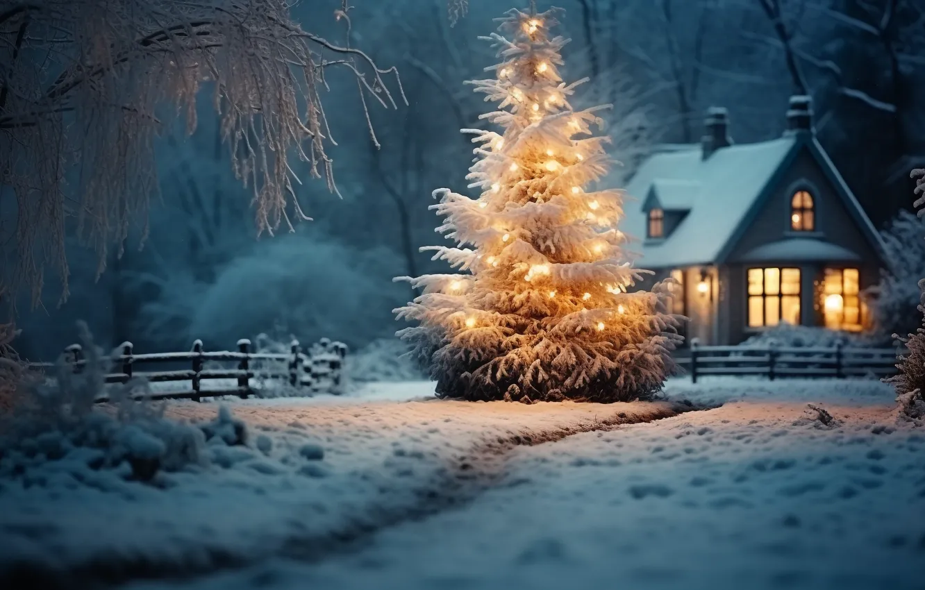 Фото обои зима, снег, украшения, ночь, lights, елка, Новый Год, Рождество