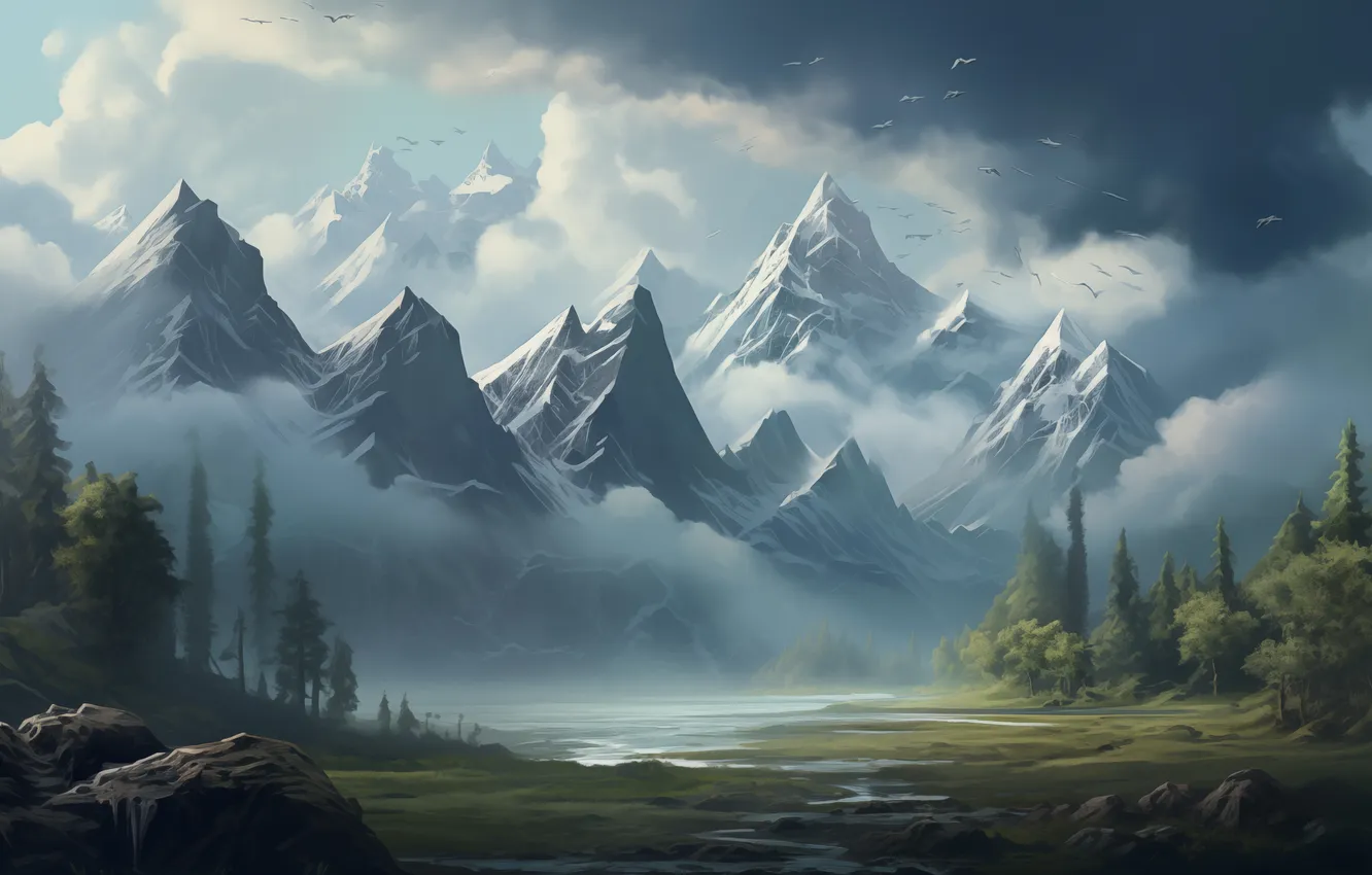 Фото обои river, trees, landscape, mountains, digital art, digital painting, AI art