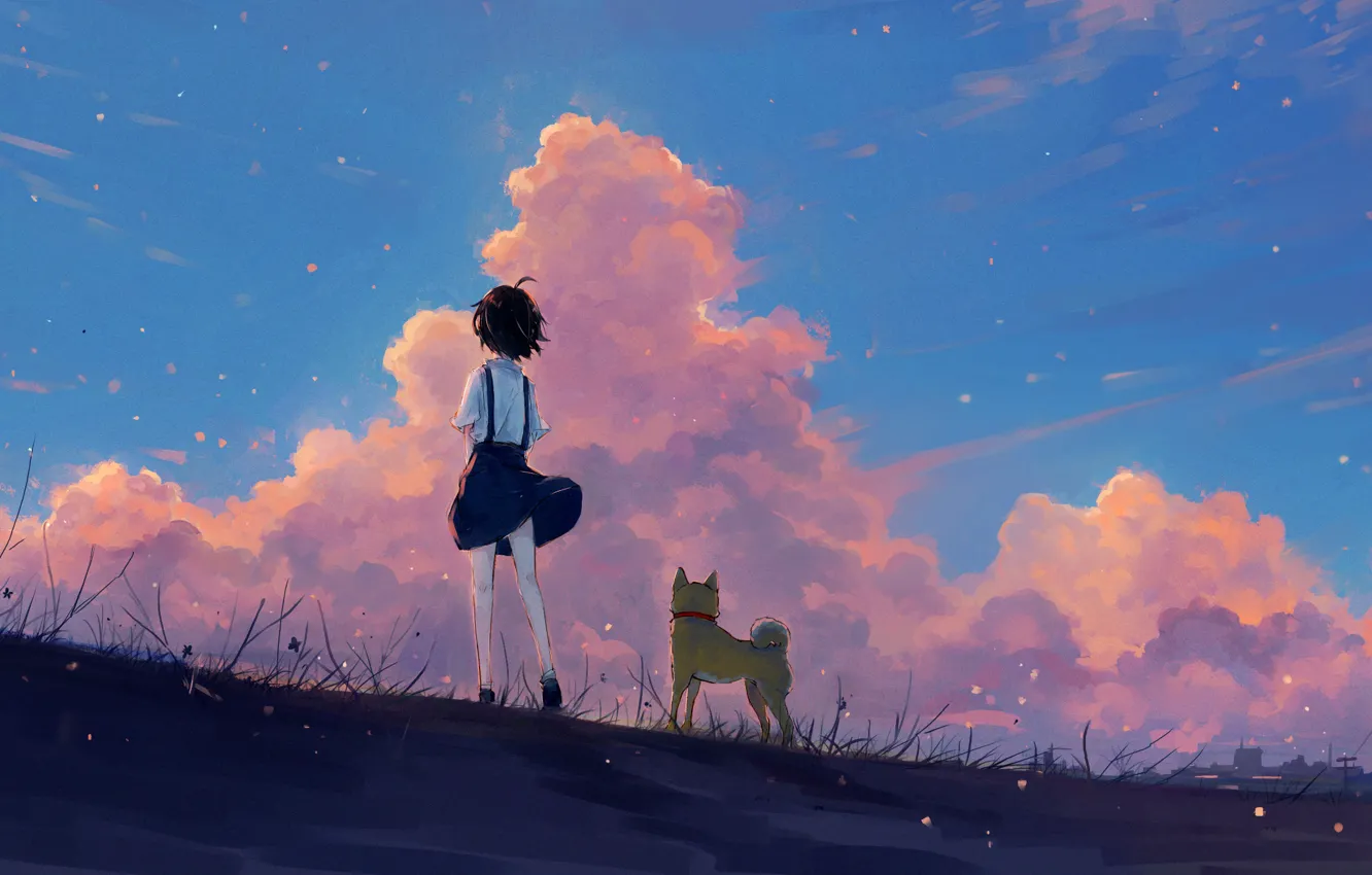 Фото обои небо, девушка, закат, природа, собака, Axle