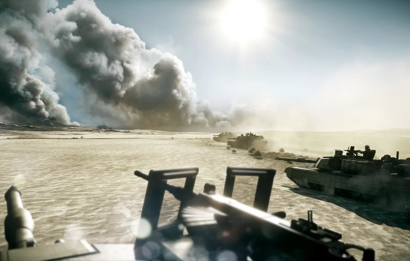 Фото обои пулемет, танки, Battlefield 3, пустыня., дым вдалеке