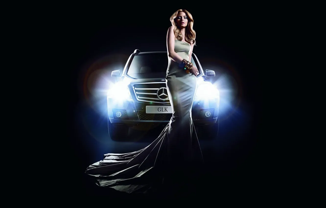 Фото обои машина, девушка, свет, фары, Mercedes, мерседес, GLK