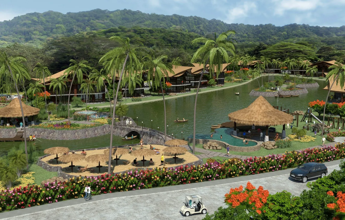 Фото обои пальмы, отдых, бассейн, relax, аквапарк, Los Lagos Lakes of Hacienda Matapalo