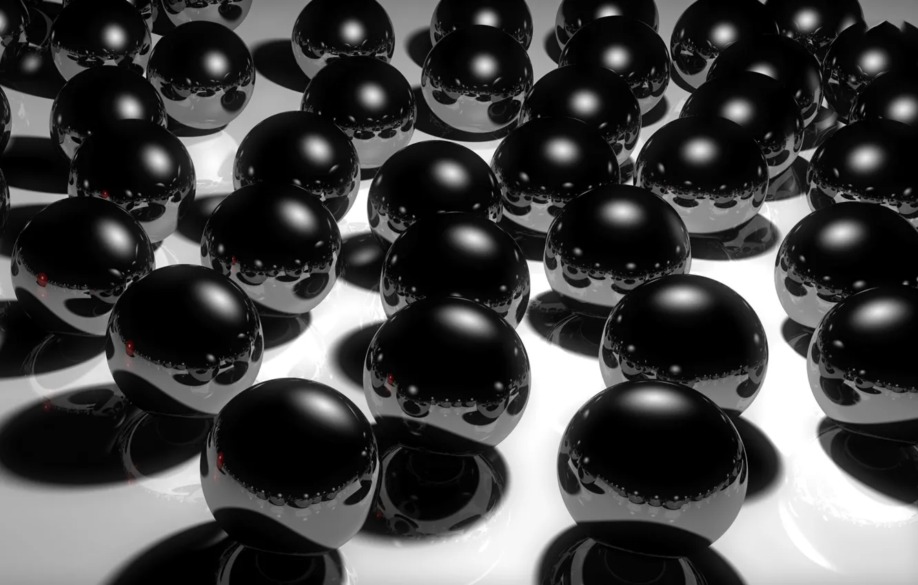 Фото обои поверхность, отражение, чёрные, шары