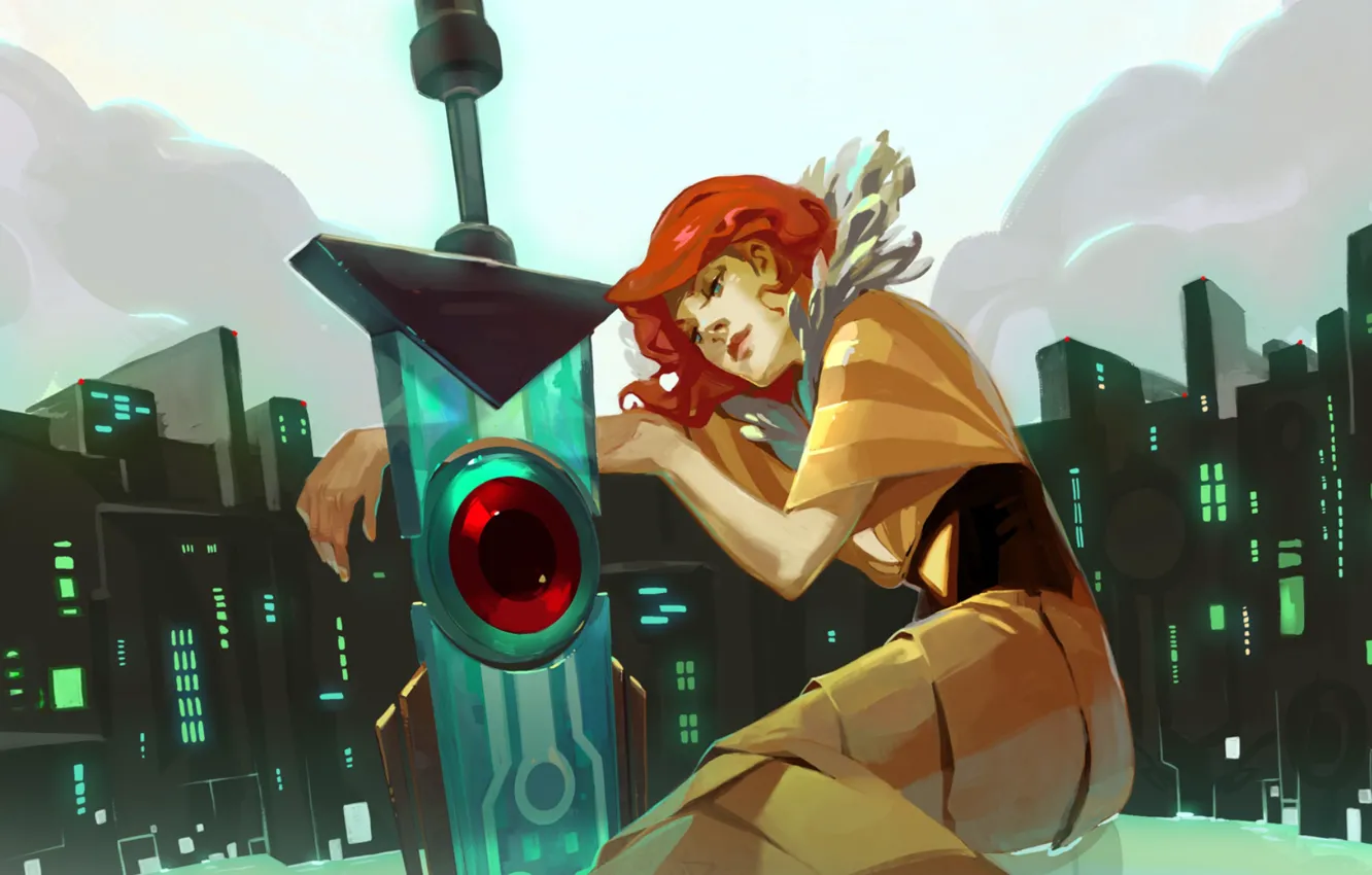 Фото обои девушка, город, меч, арт, Red, рыжие волосы, Transistor, JenZee