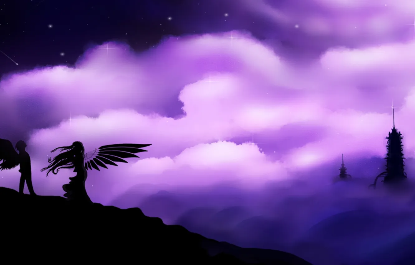 Фото обои небо, девушка, звезды, облака, фантастика, волосы, крылья, ангелы