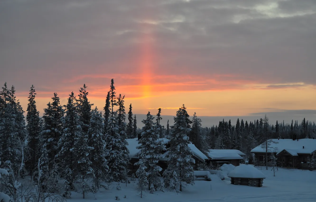 Фото обои зима, лес, небо, солнце, снег, пейзаж, дом, рассвет