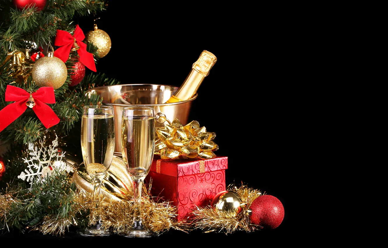 Фото обои украшения, подарок, елка, Новый Год, бокалы, шампанское
