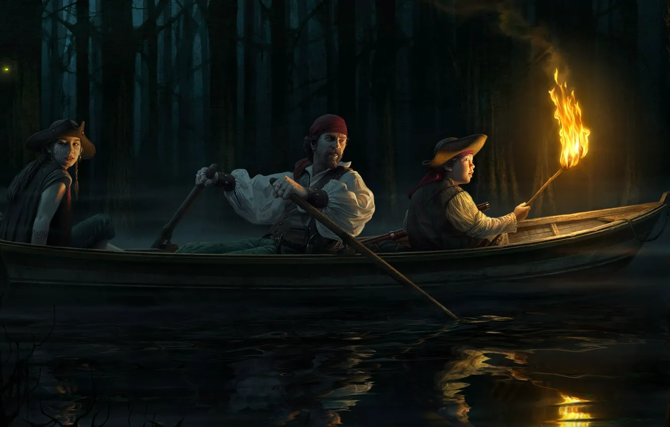 Фото обои вода, ночь, арт, речка, Рон Крабб, лодка факел, Ron Crabb