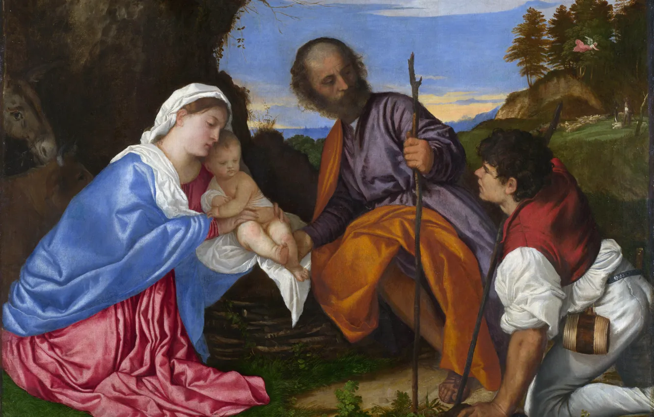 Фото обои Titian Vecellio, Святое семейство с пастухом, ок.1510
