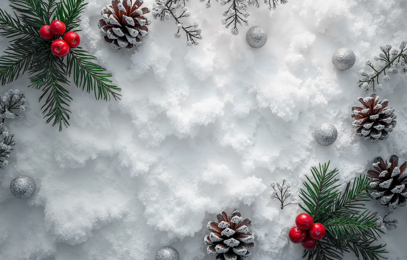 Фото обои снег, украшения, ягоды, Рождество, Новый год, new year, Christmas, snow