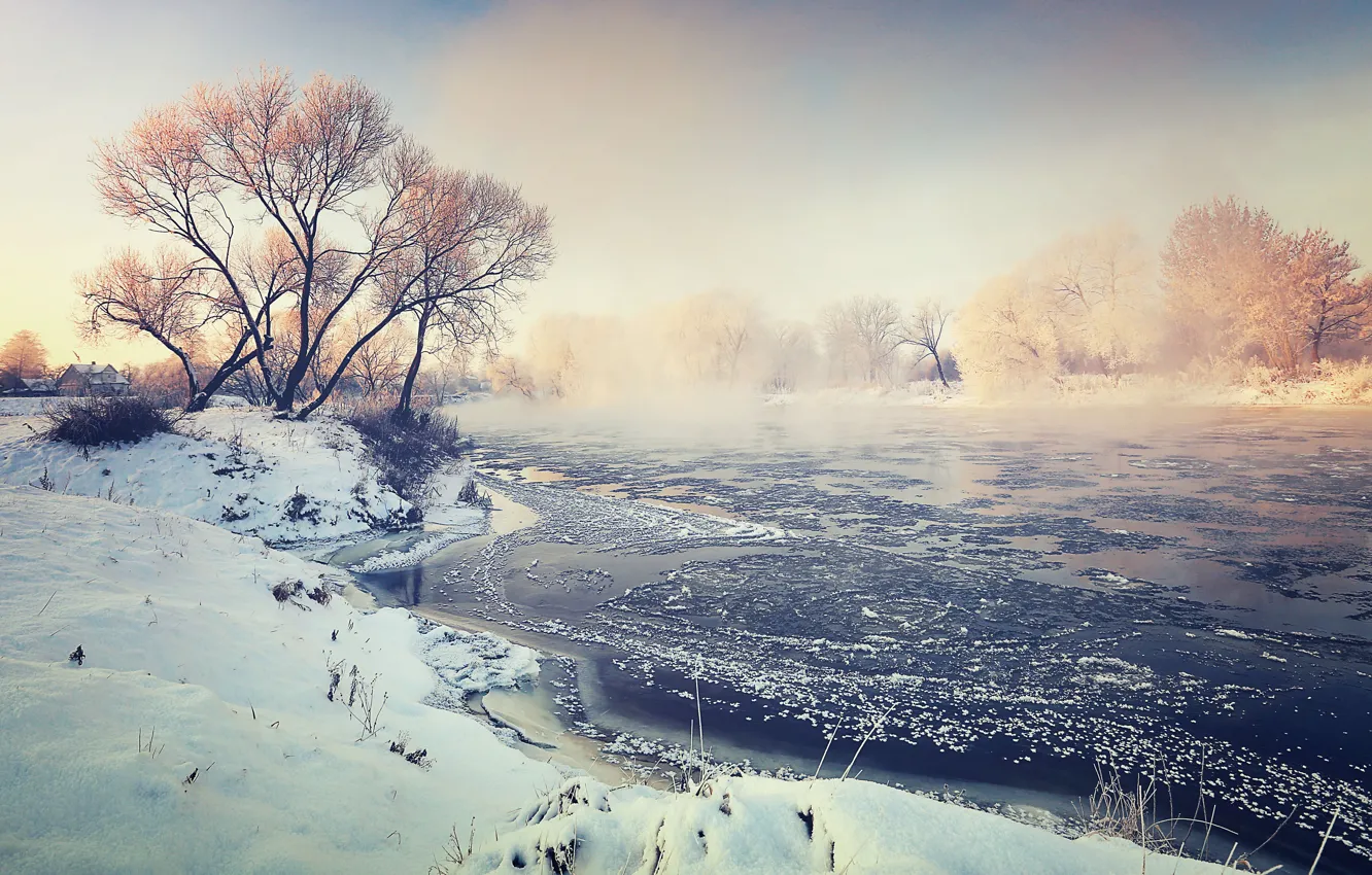 Фото обои зима, туман, река, утро