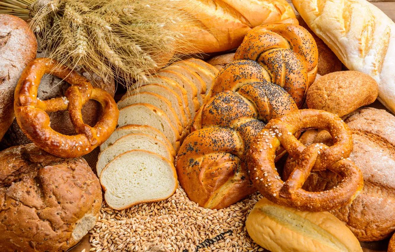 Фото обои пшеница, рожь, хлеб, колосья, выпечка, зёрна, батоны, кренделя