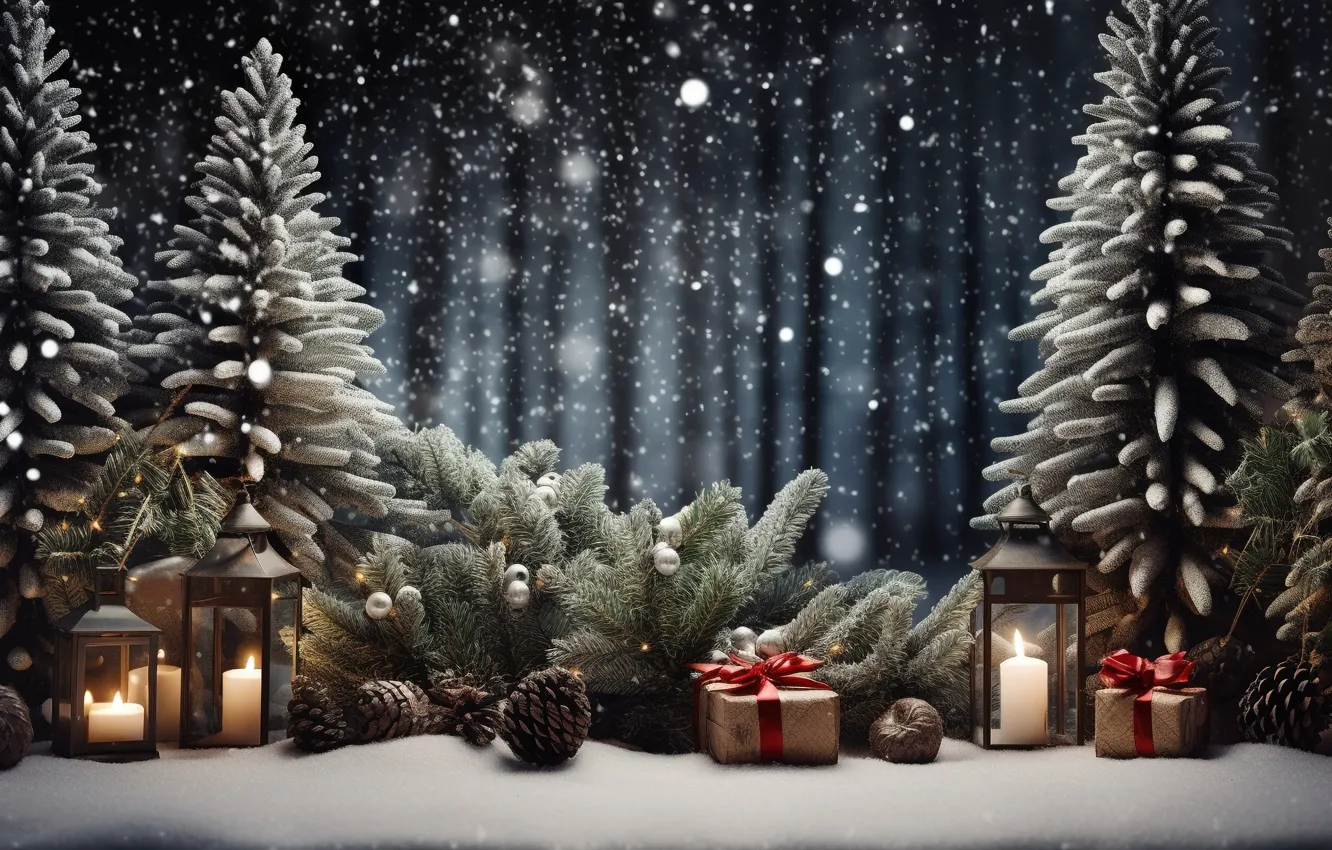 Фото обои зима, снег, украшения, ночь, елки, Новый Год, Рождество, фонарь