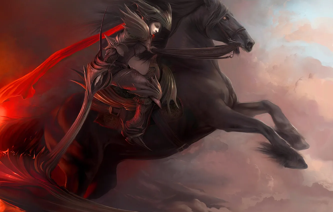 Фото обои оружие, конь, шарф, арт, коса, всадник, доспех, вороной