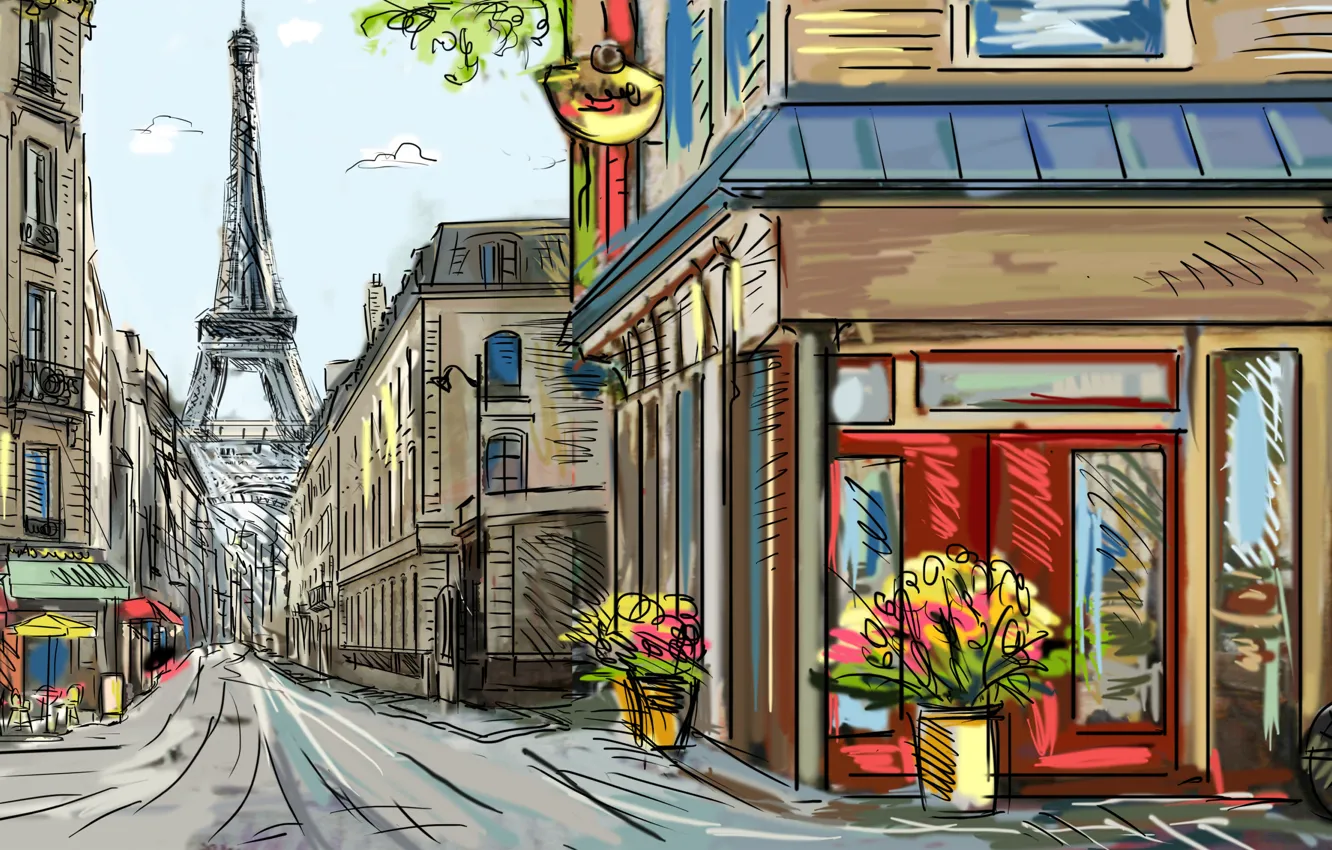 Фото обои цветы, велосипед, улица, Париж, Эйфелева башня, живопись