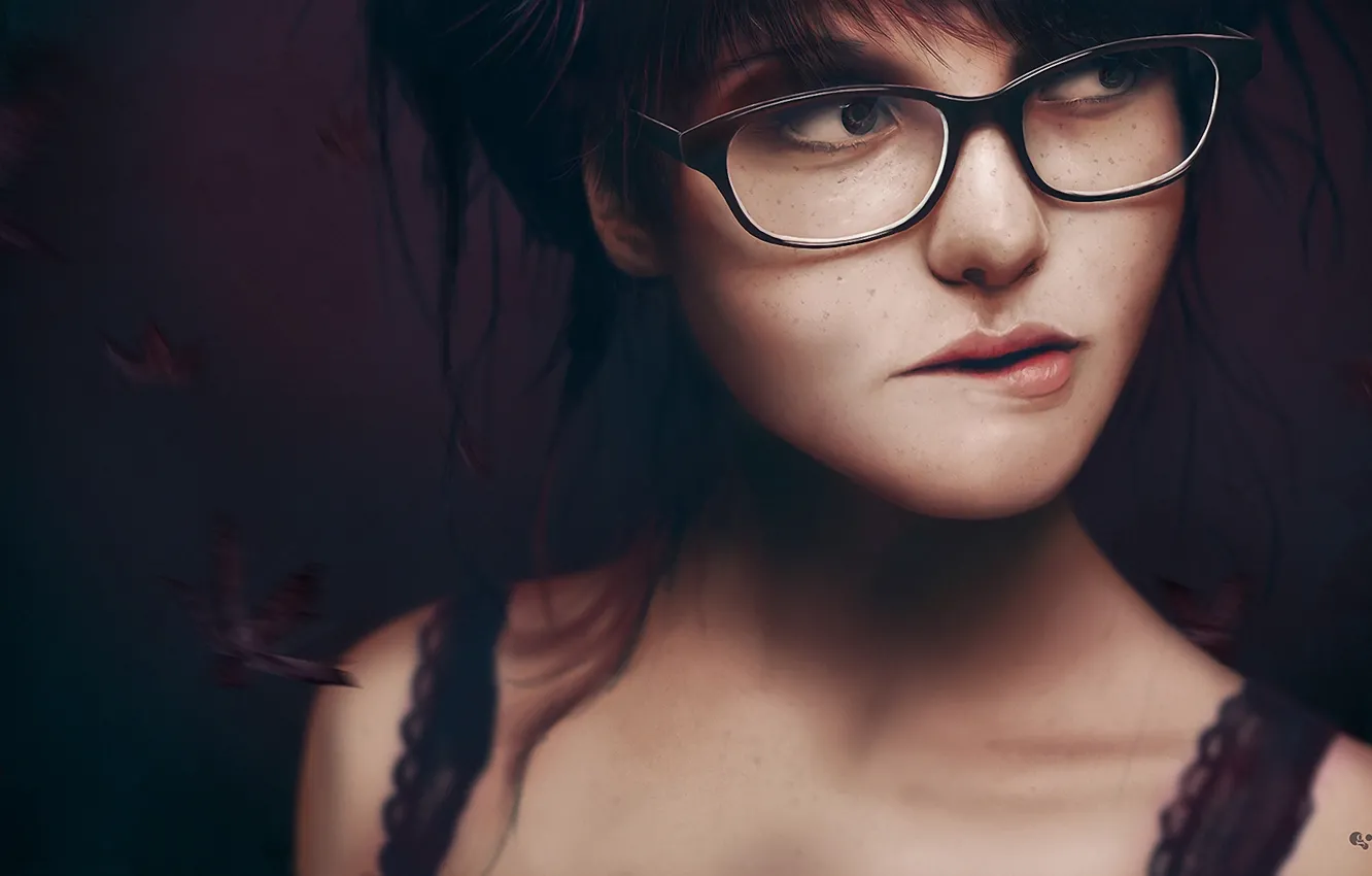 Фото обои взгляд, очки, веснушки, локоны, нарисованная девушка