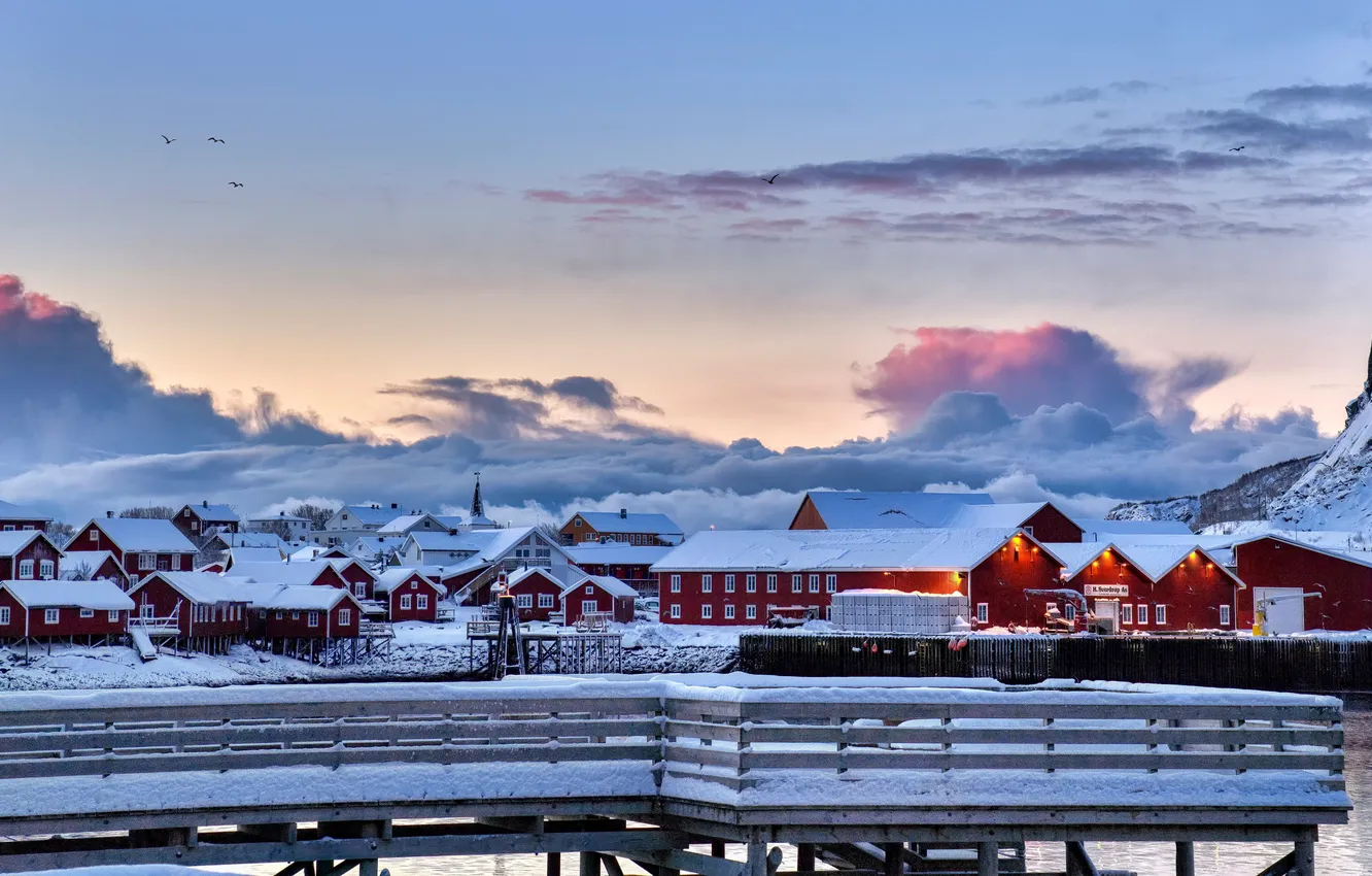 Фото обои облака, горы, дома, Норвегия, Lofoten