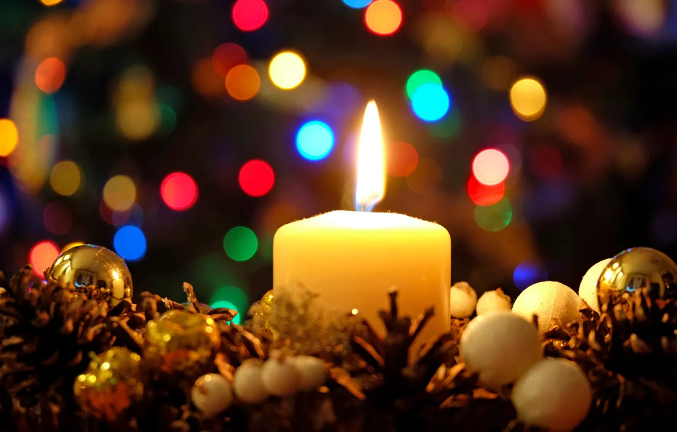 Фото обои зима, шарики, огонь, пламя, праздник, свеча, огоньки, Рождество
