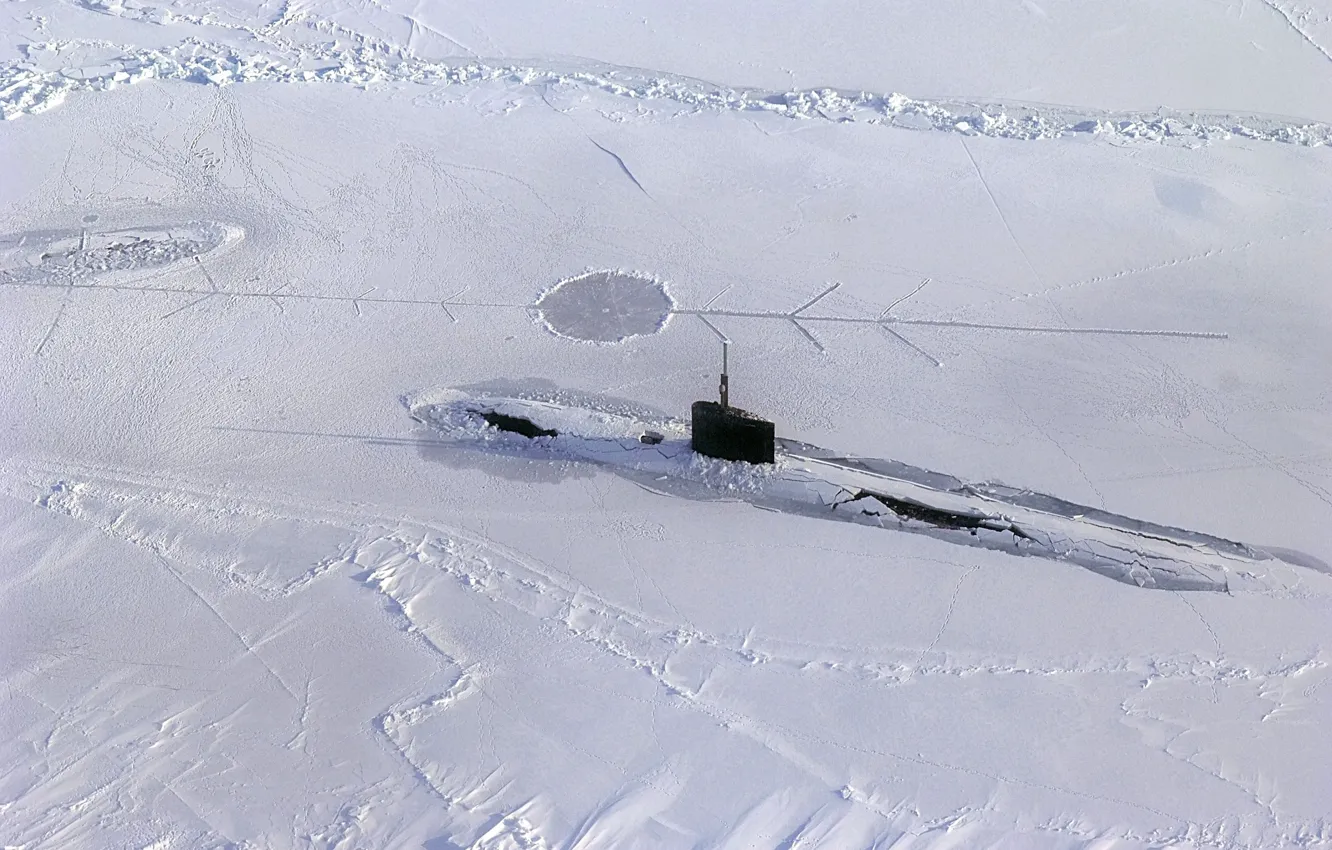 Фото обои снег, Подводная лодка, льды, субмарина, Арктика