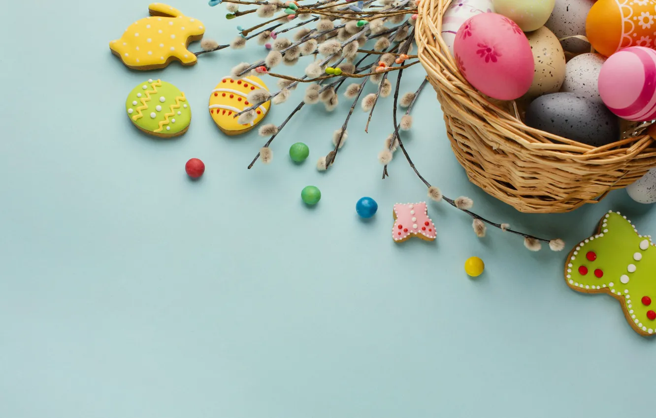 Фото обои цветы, яйца, весна, colorful, Пасха, happy, верба, flowers