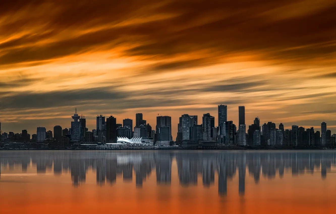 Фото обои закат, город, Vancouver