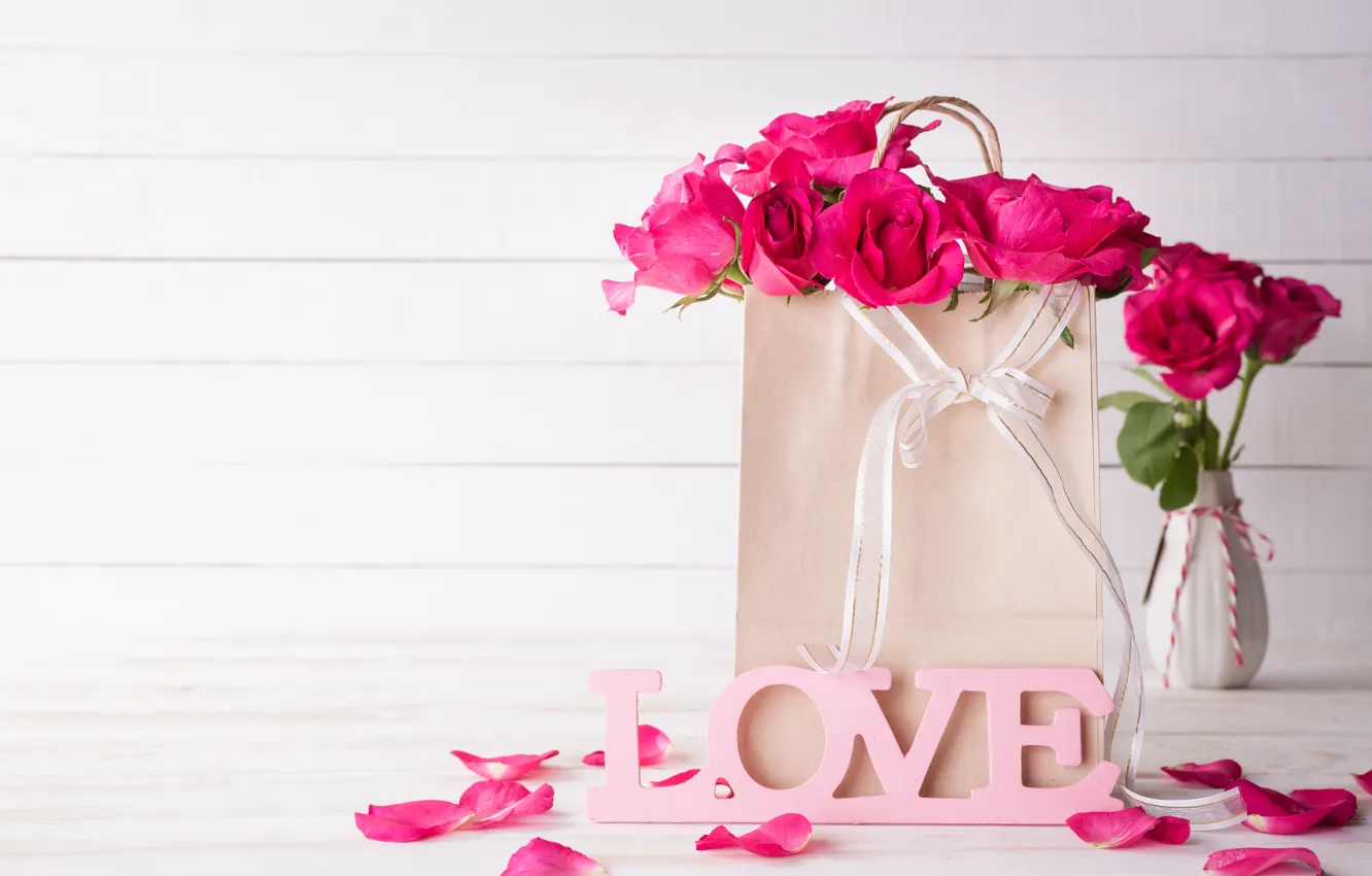 Фото обои надпись, Love, розы, ваза