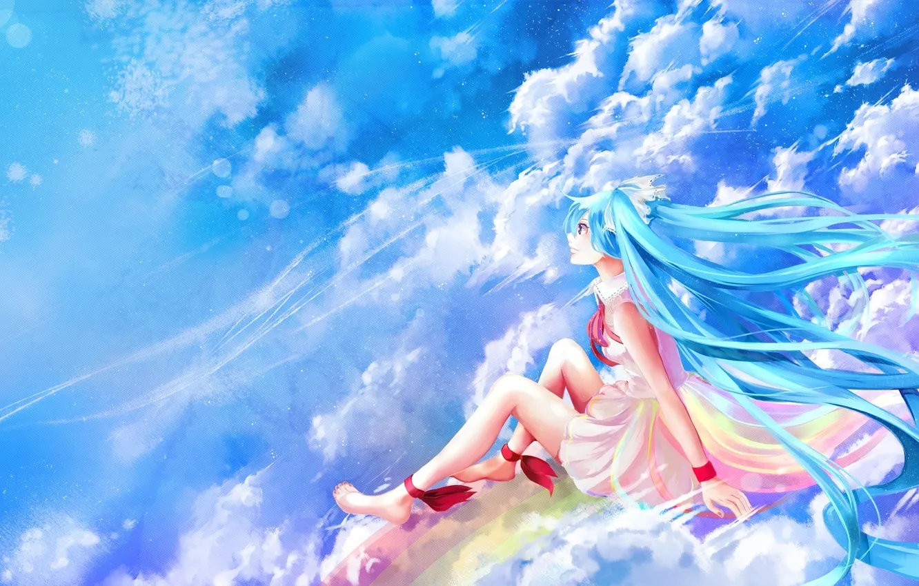 Фото обои девушка, облака, улыбка, ветер, спокойствие, радуга, vocaloid, hatsune miku