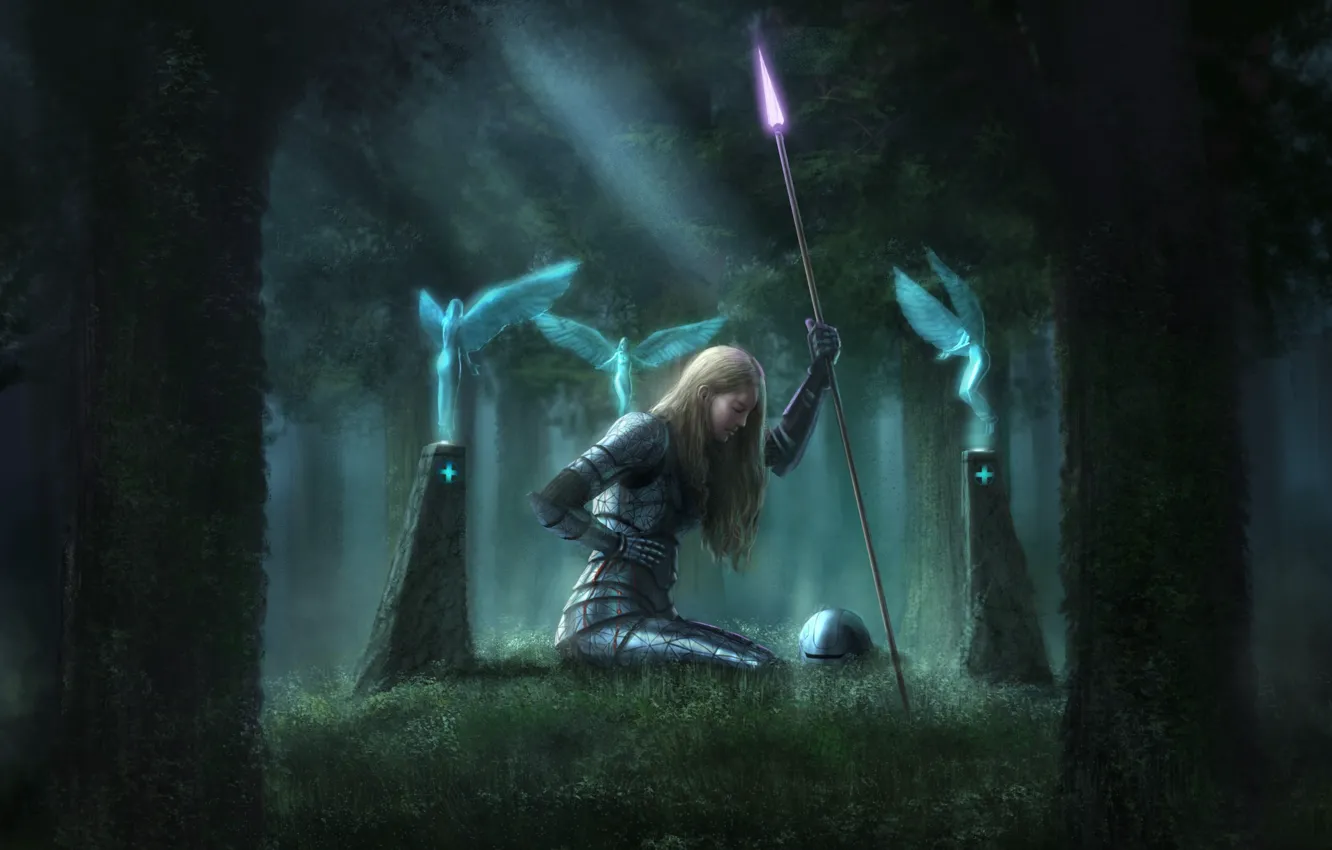 Фото обои лес, девушка, оружие, магия, кровь, крылья, духи, колонны