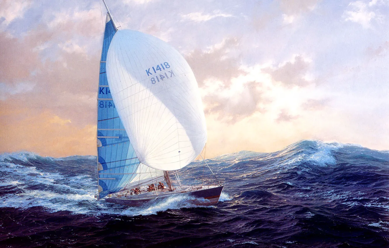Фото обои волны, небо, тучи, ветер, картина, яхта, бурное море, J. Steven Dews