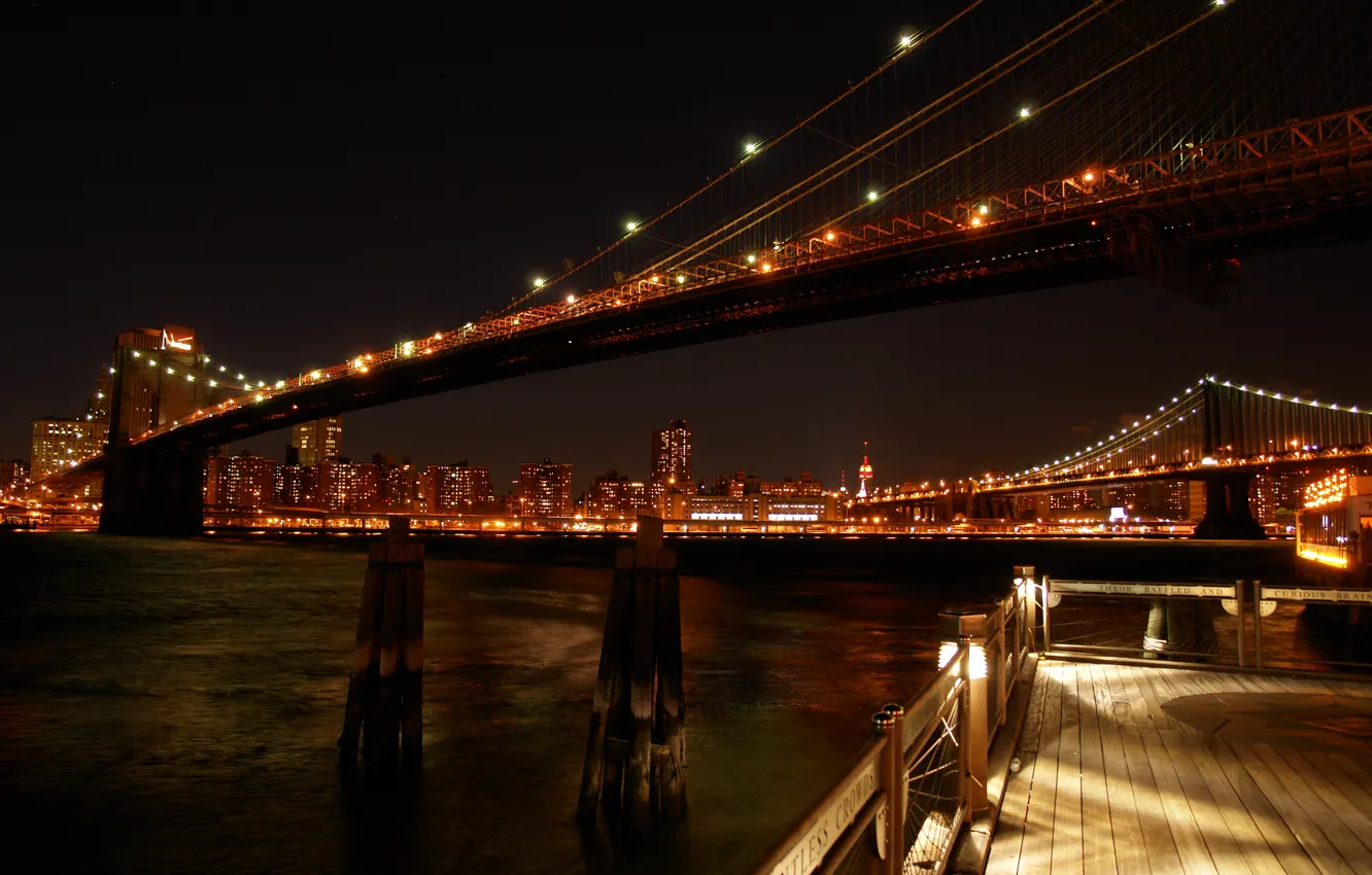 Фото обои city, lights, Нью Йорк, bridge, photo, night, New York, view