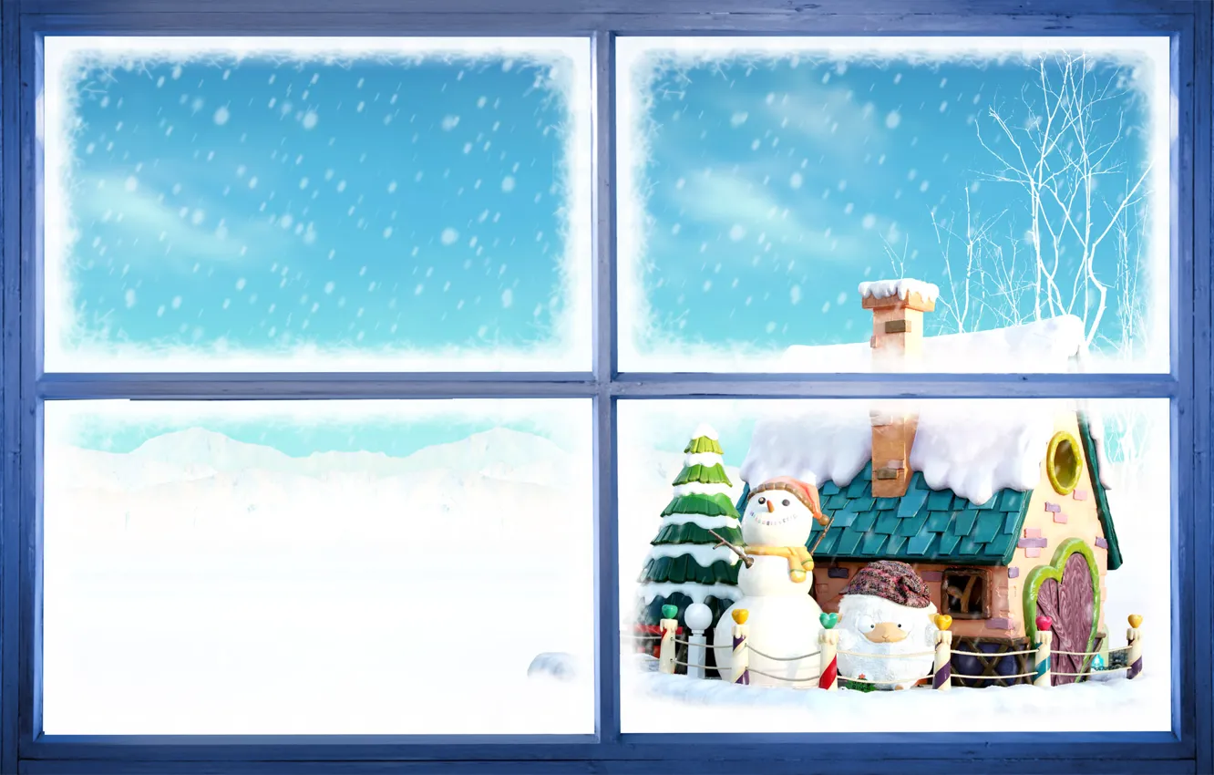 Фото обои новый год, окно, снеговики