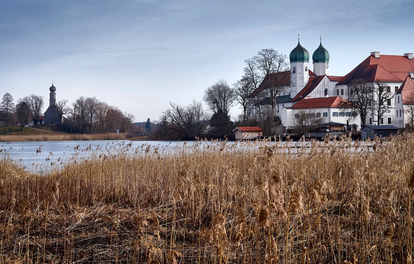 Фото обои озеро, Германия, Бавария, камыш, монастырь, Germany, Bavaria, Seeon-Seebruck