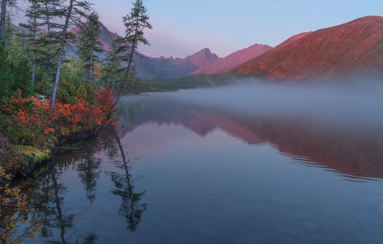Фото обои осень, пейзаж, горы, природа, туман, озеро, утро, леса