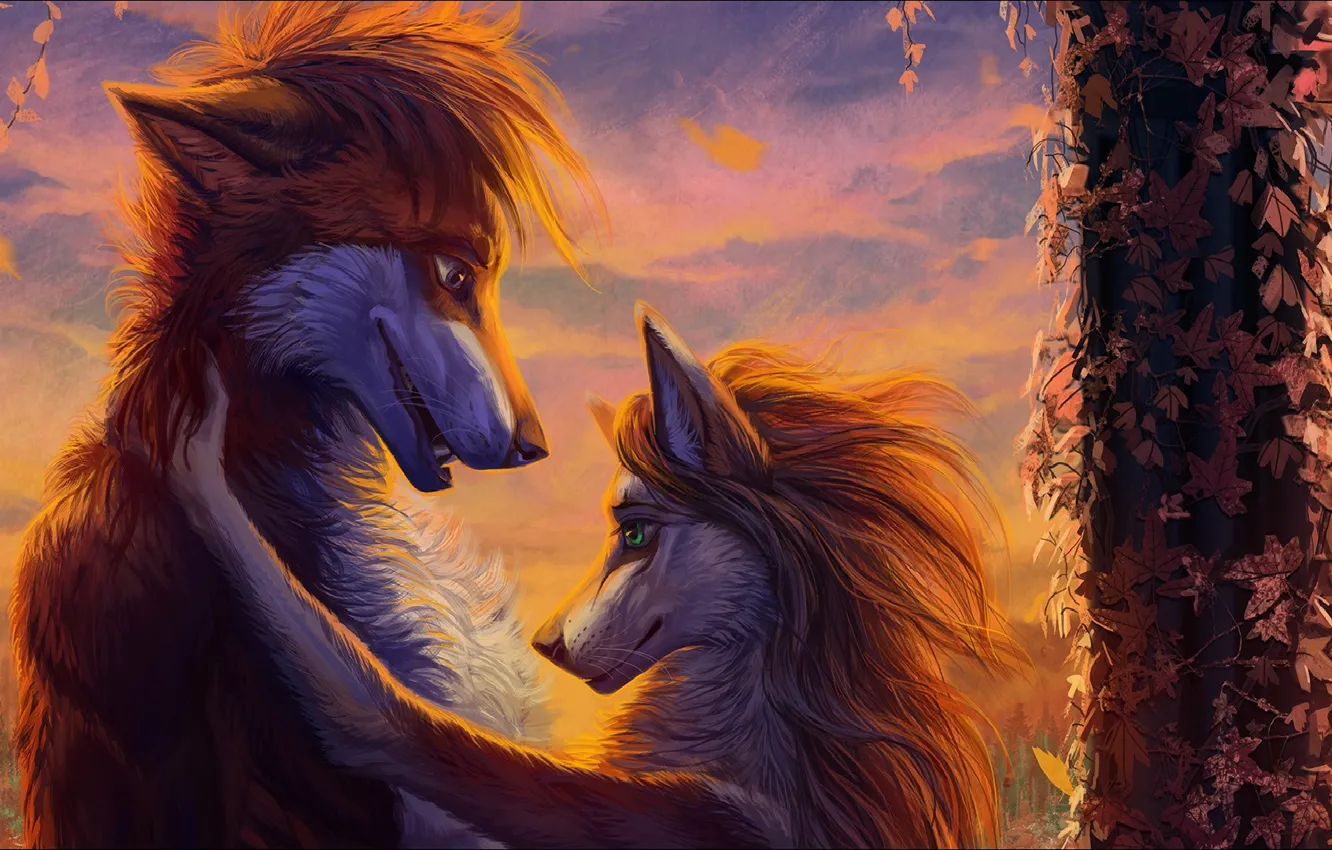 Фото обои love, fantasy, Art, two, painting, wolves, picture