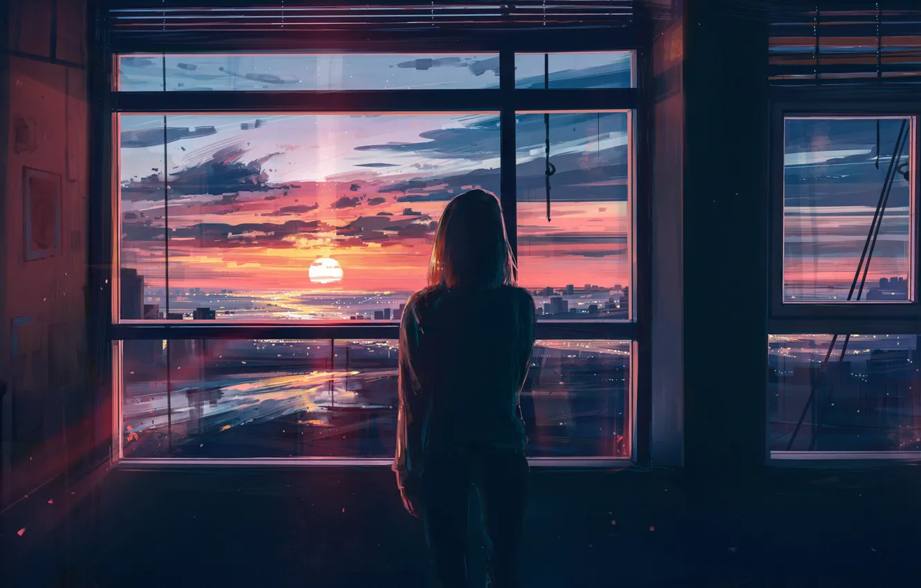 Фото обои девушка, закат, город, комната, спина, вид, окна, арт