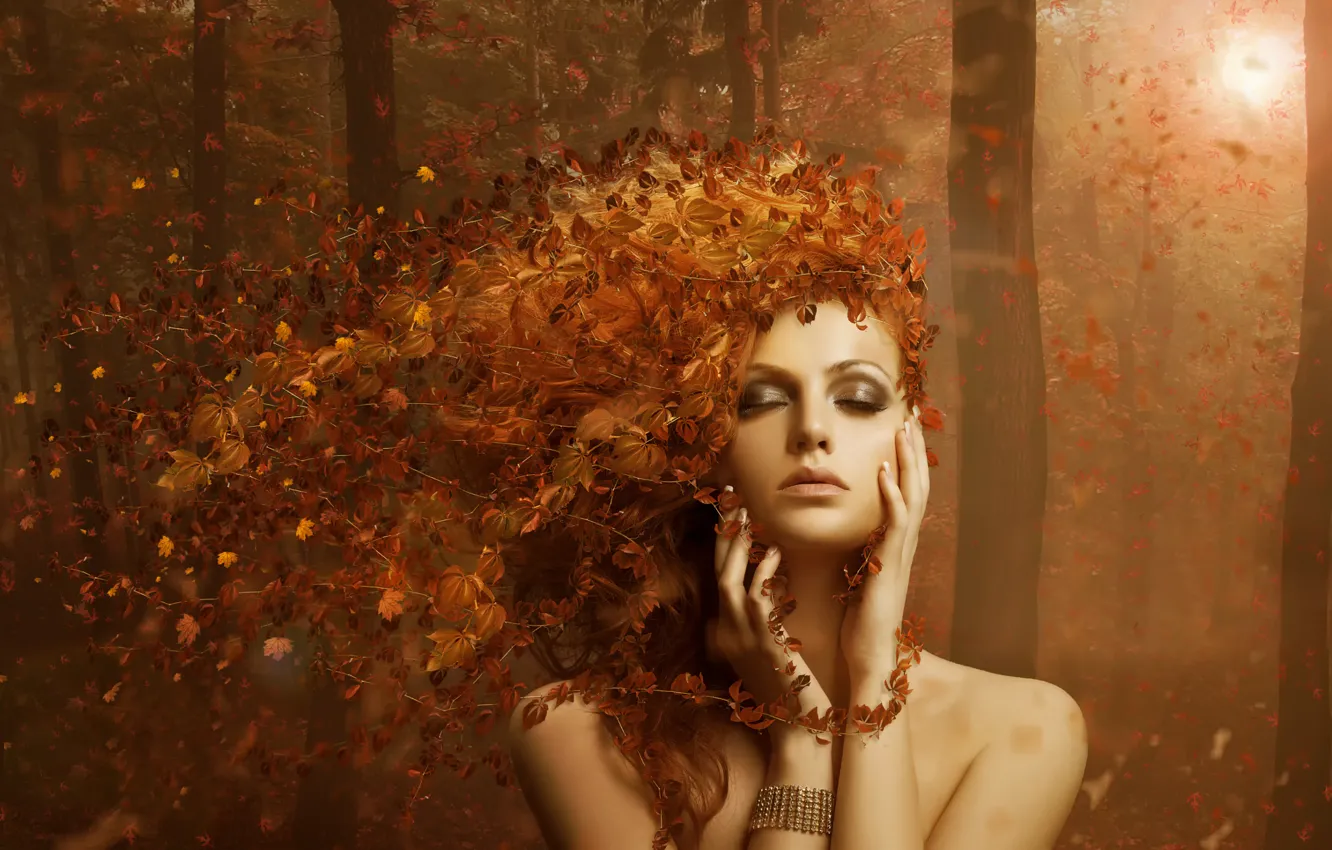 Фото обои лес, листья, девушка осень, AUTUMN LEAVES