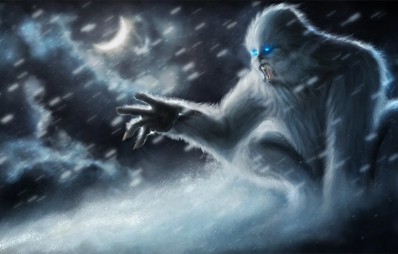 Фото обои снег, монстр, арт, пасть, клыки, мех, красавчик, йети