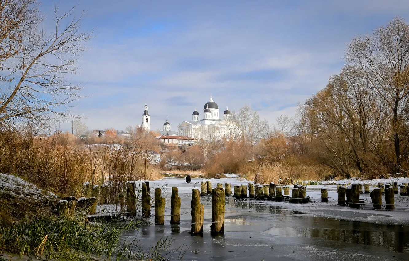 Фото обои осень, пейзаж, природа, лёд, октябрь, собор, арзамас